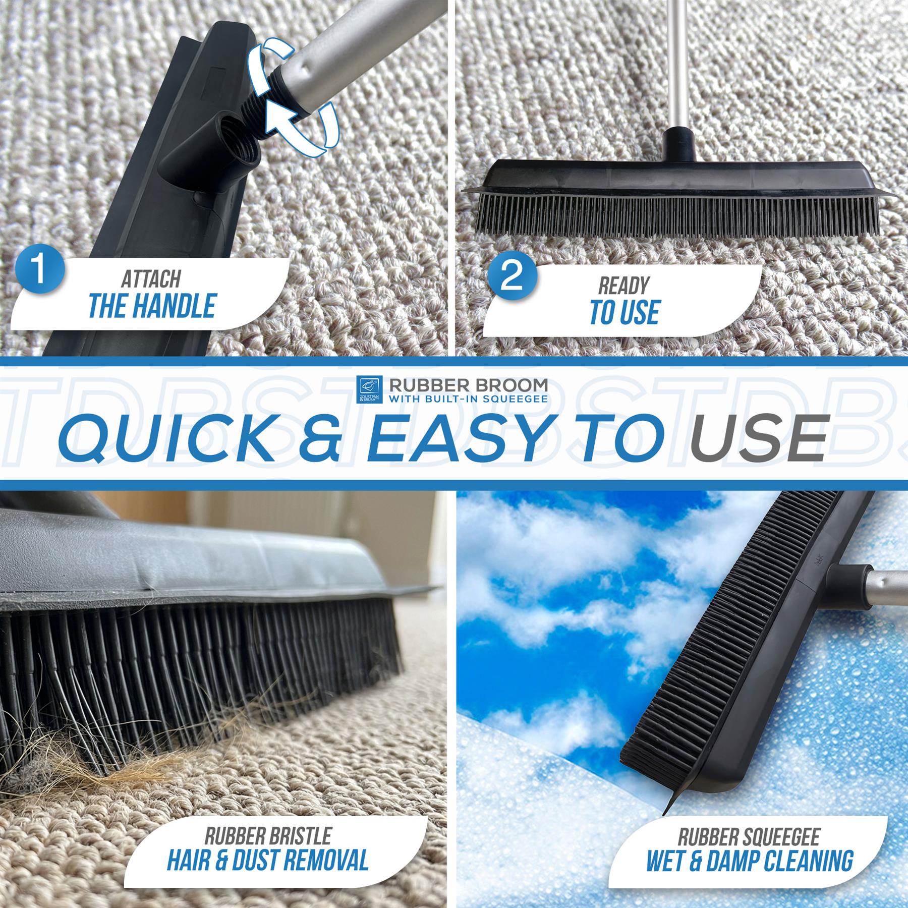 Rubber Broom Pet Hair Remover for Carpets & Hard Floors - Fixed Handle