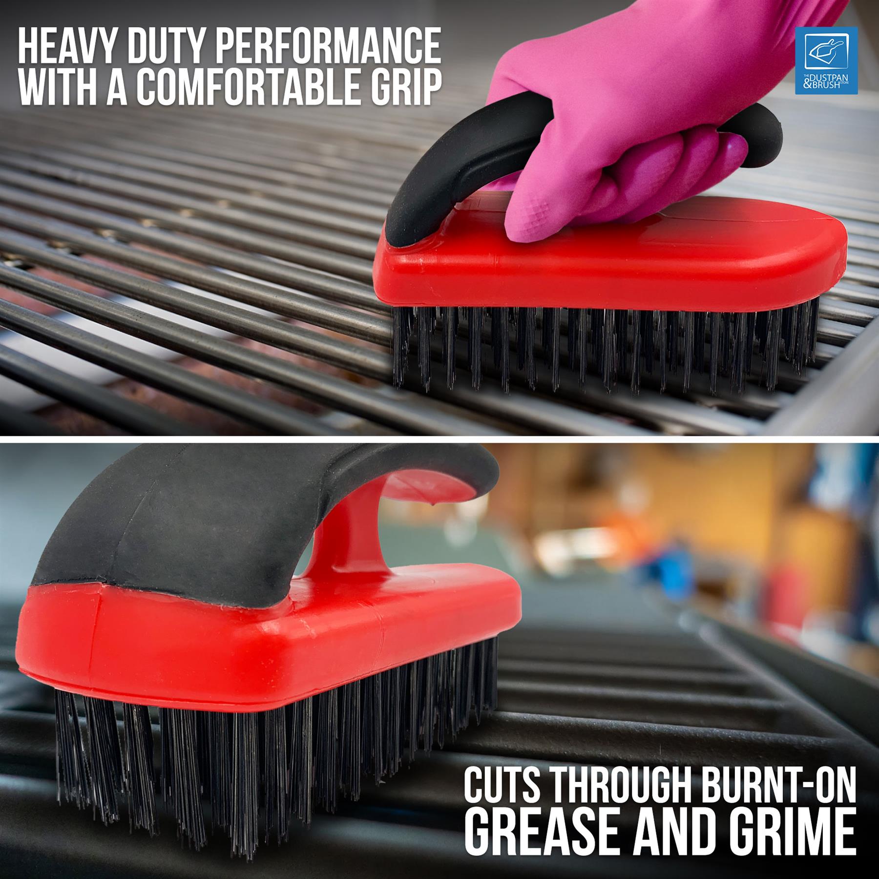 A two-panel product demonstration of a red and black grill cleaning brush. The top panel shows a hand wearing a pink protective glove gripping the brush on a grill grate, with text reading 'HEAVY DUTY PERFORMANCE WITH A COMFORTABLE GRIP'.
