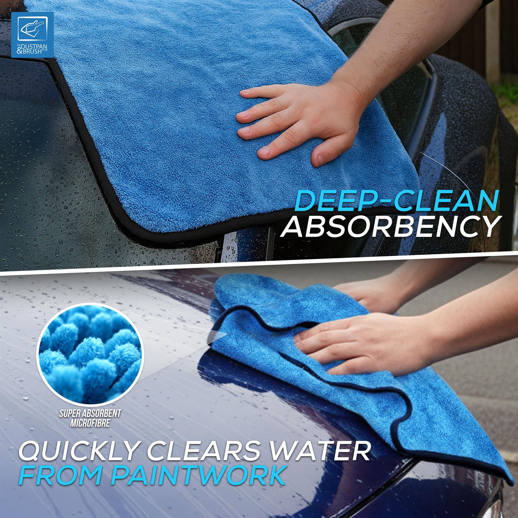 A blue microfibre car towel with black trim is shown being wiped onto a wet car hood by a person's hands. The image includes text reading 'DEEP-CLEAN ABSORBENCY' and 'QUICKLY CLEARS WATER FROM PAINTWORK,' plus a circular inset showing the microfiber texture.
