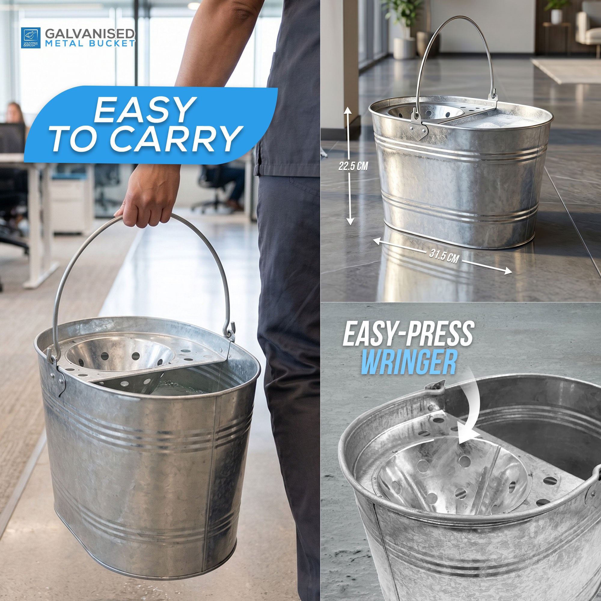 13L Galvanised Metal Mop Bucket – Traditional Steel Bucket - The Dustpan and Brush Store