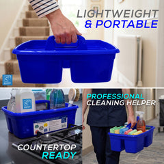Blue cleaning caddy with text highlighting features like 'Lightweight & Portable', 'Professional Cleaning Helper', and 'Countertop Ready'.