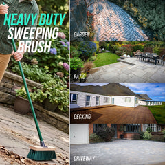 A heavy-duty sweeping brush shown in a split promotional graphic. The left side shows a person holding the green-handled brush sweeping a stone patio, with large text reading 'HEAVY DUTY SWEEPING BRUSH.