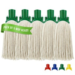 Five 12PY green colour coded cotton mop heads arranged side by side on a white background, with a green banner reading 'PACK OF 5 MOP HEADS' and small colour variants shown at the bottom.