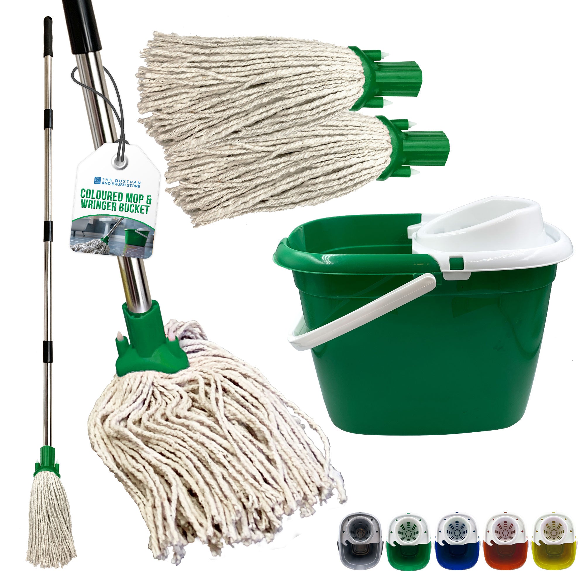 green Mop Bucket Set with 2 Cotton Mop Heads & 4 Piece Handle on a white background