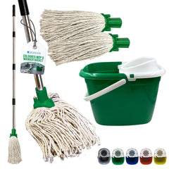 green Mop Bucket Set with 2 Cotton Mop Heads & 4 Piece Handle on a white background