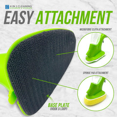 A green 4 in 1 multi-surface cleaning sponge brush with text overlays explaining attachment methods: 'EASY ATTACHMENT,' 'MICROFIBRE CLOTH ATTACHMENT,' and 'SPONGE PAD ATTACHMENT.' The product is shown on a light marble-style background with callout lines pointing to the base plate and two circular inset demonstrations.