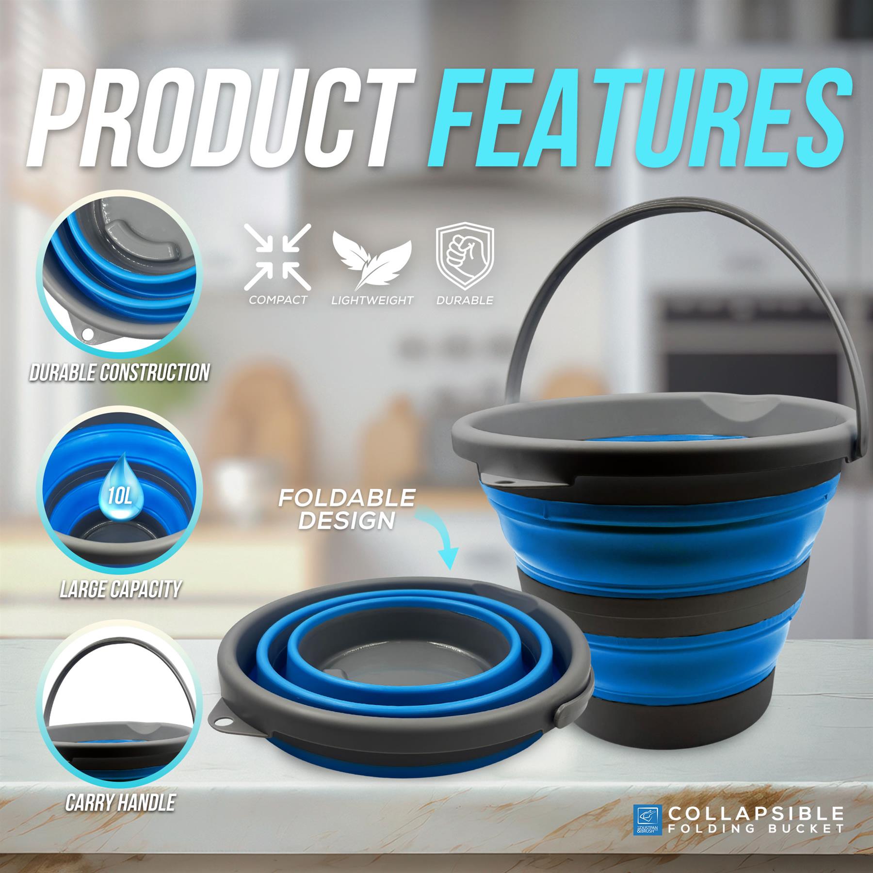 Blue and black collapsible folding bucket with a carry handle, shown on a countertop with feature callouts and text including 'Product Features', 'Durable Construction', 'Foldable Design', and 'Large Capacity'.
