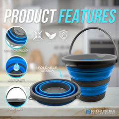 Blue and black collapsible folding bucket with a carry handle, shown on a countertop with feature callouts and text including 'Product Features', 'Durable Construction', 'Foldable Design', and 'Large Capacity'.