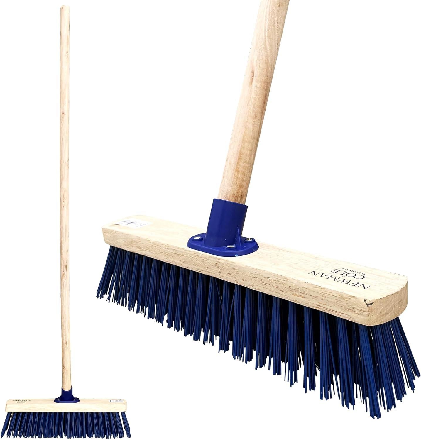 12" Newman and Cole Stiff Blue PVC Broom Head with Bracket and Wooden Handle