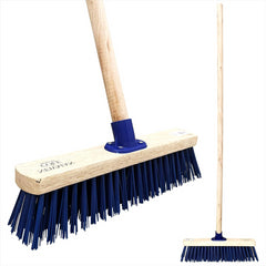 12" Newman and Cole Stiff Blue PVC Broom Head with Bracket and Wooden Handle