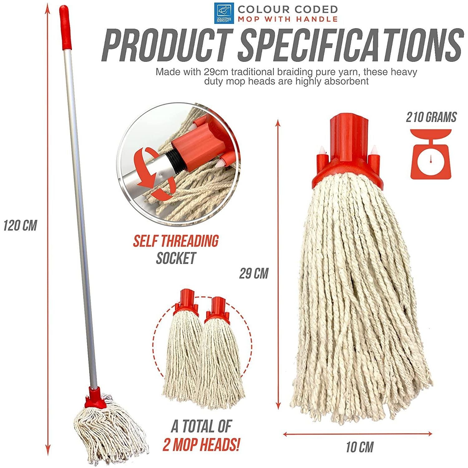 Red Aluminium Handle with 2 Cotton Mop Heads - 12PY