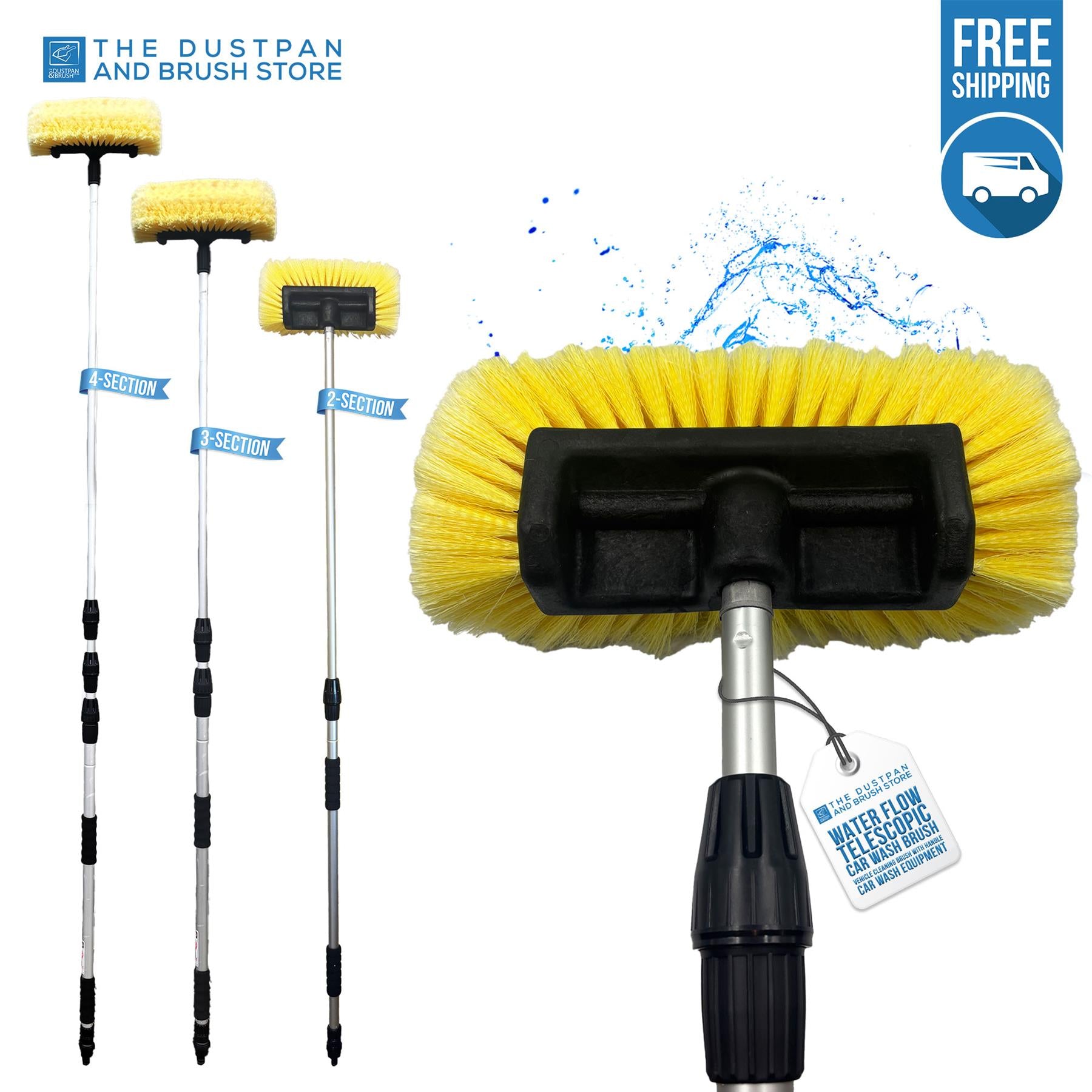 Three yellow and black cleaning brushes with adjustable silver metal handles are shown on a white background, with a large close-up of the front brush and water splash graphic. Brand text 'THE DUSTPAN AND BRUSH STORE' appears in the top left, and 'FREE SHIPPING' is in the top right.