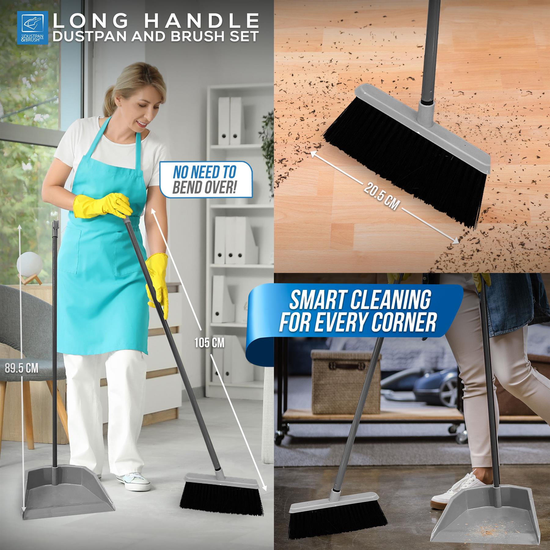Long Handled Dustpan and Brush Set | Grey Upright Dustpan