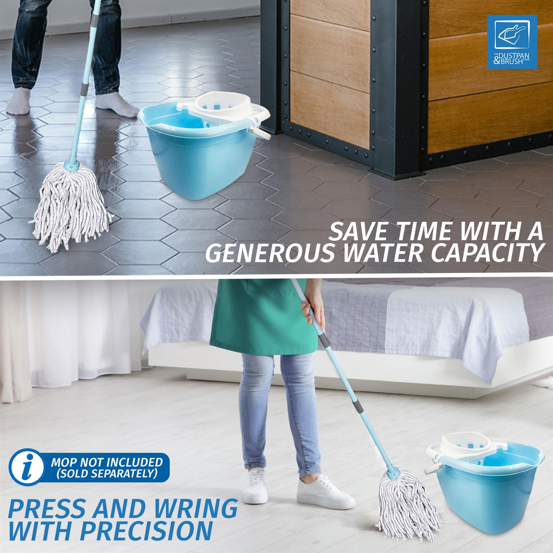 A split promotional image showing a blue twist-mop bucket and a person using it to mop a tiled floor in a kitchen, and a person mopping a light floor in a bedroom. Text highlights generous water capacity and precision wringing; a badge says mop not included.