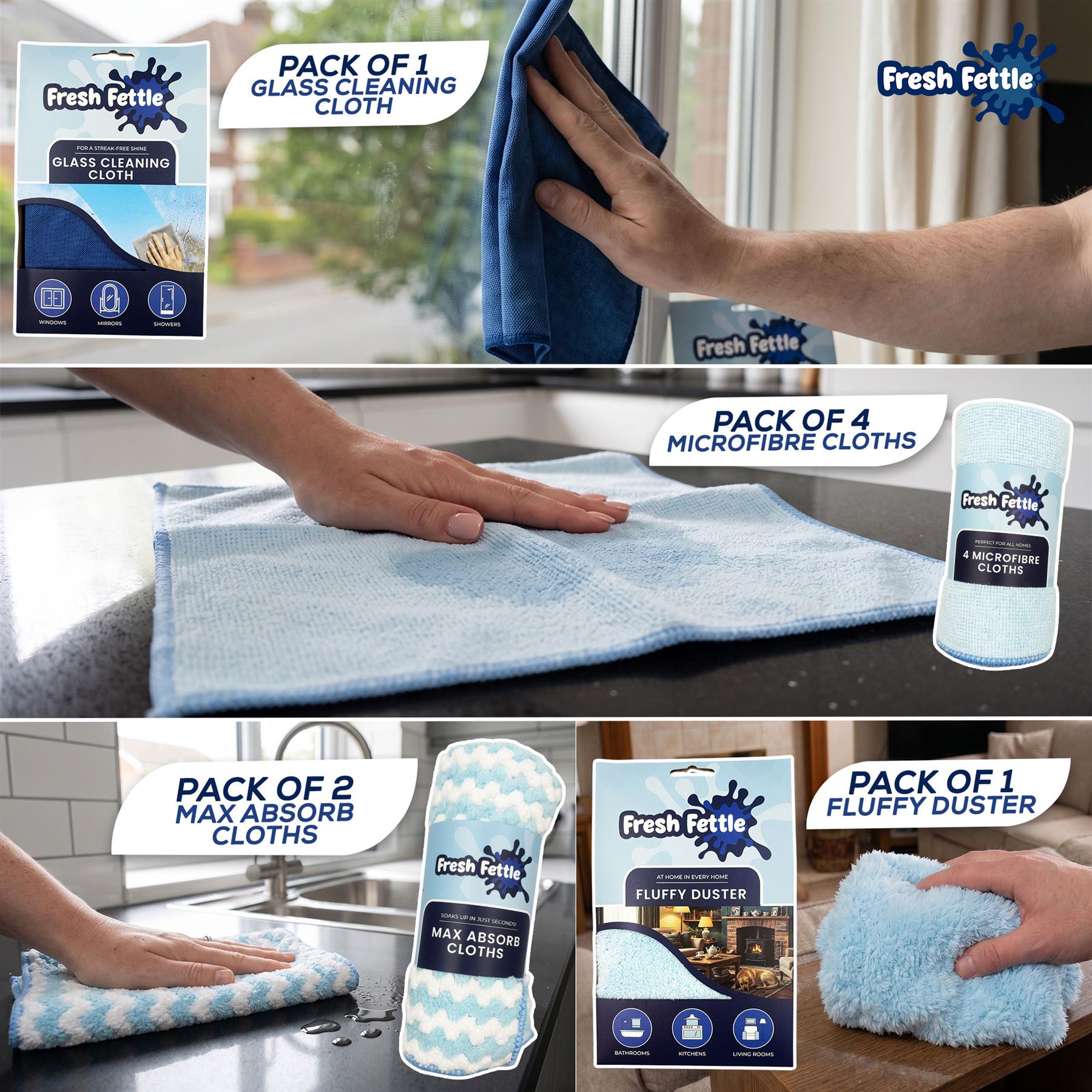 A multi-panel promotional collage for Fresh Fettle glass cleaning cloths. It shows hands using blue and light blue microfibre cloths on glass and countertops, alongside product packshots for different cloth types including glass cleaning cloth, microfibre cloths, max absorbent cloths, and a fluffy duster.
