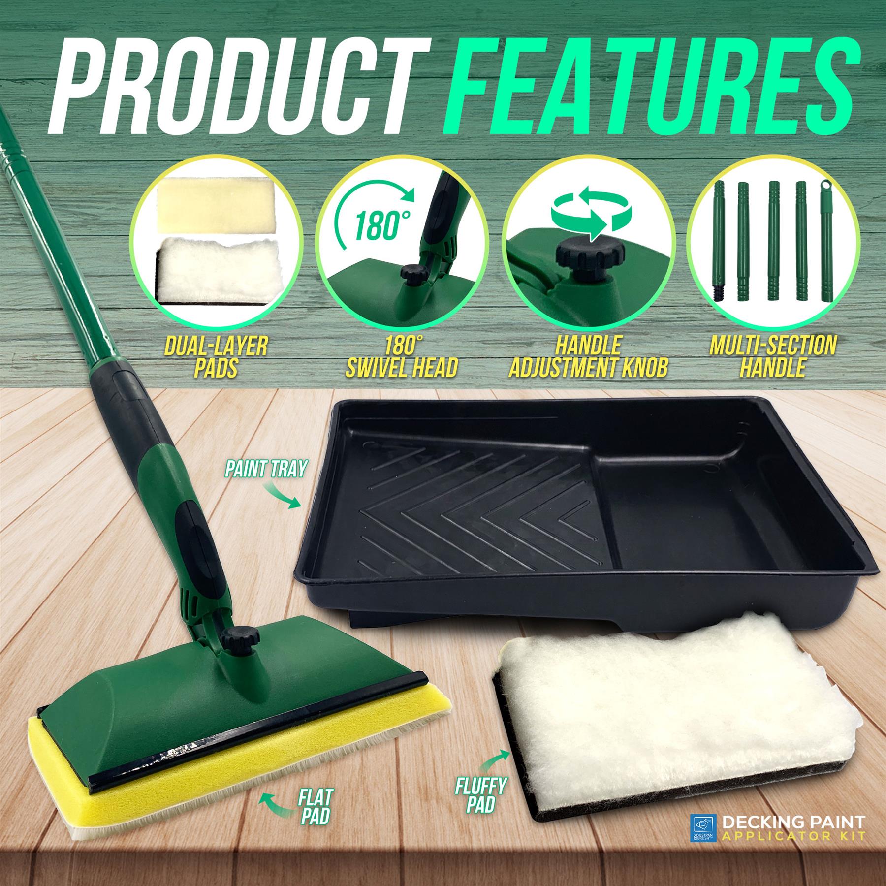 A green and black deck hosing attachment set shown on a wood plank background with large 'PRODUCT FEATURES' text and callout circles. The set includes a paint tray, flat pad, fluffy pad, and multi-section handle.