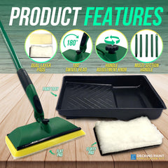A green and black deck hosing attachment set shown on a wood plank background with large 'PRODUCT FEATURES' text and callout circles. The set includes a paint tray, flat pad, fluffy pad, and multi-section handle.