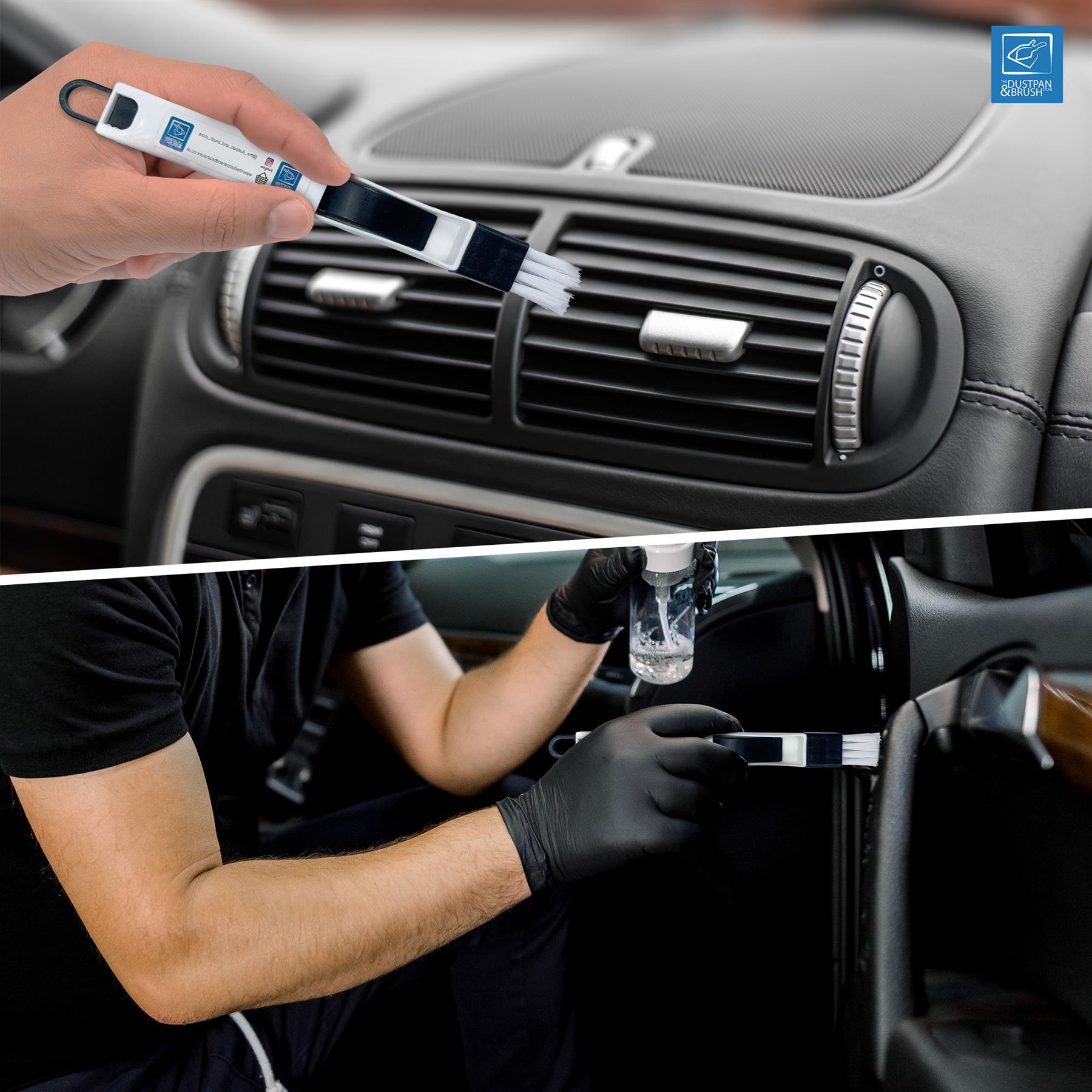 Person cleaning car interior with a brush and spray bottle, with a visible brand logo.