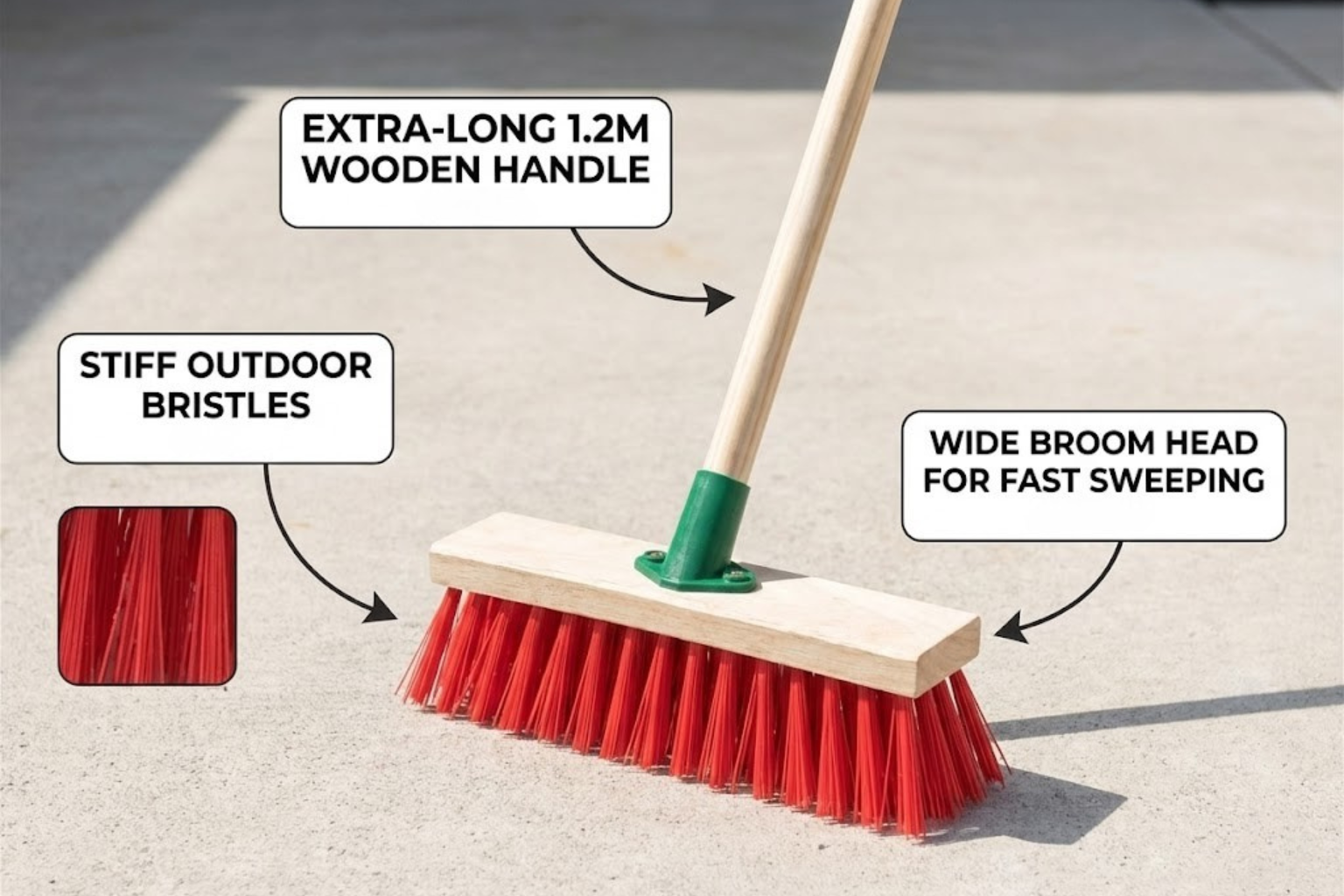 12" Stiff PVC Outdoor Broom with Handle | Red Garden Sweeping Brush