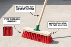 12" Stiff PVC Outdoor Broom with Handle | Red Garden Sweeping Brush