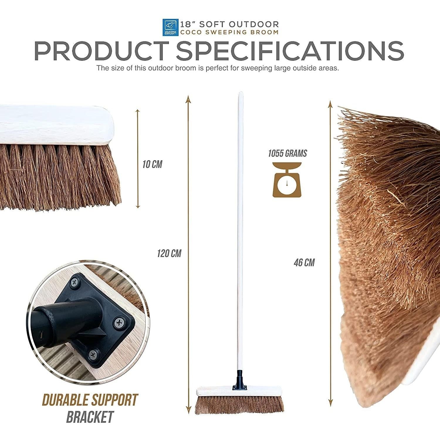18" Natural Coco Screw Fit Broom Head and Wooden Handle