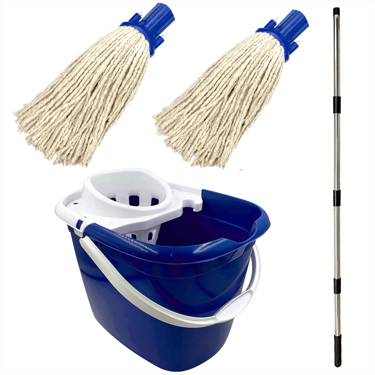 Blue Mop Bucket with 2 Cotton Mop Heads and 4 Piece Handle