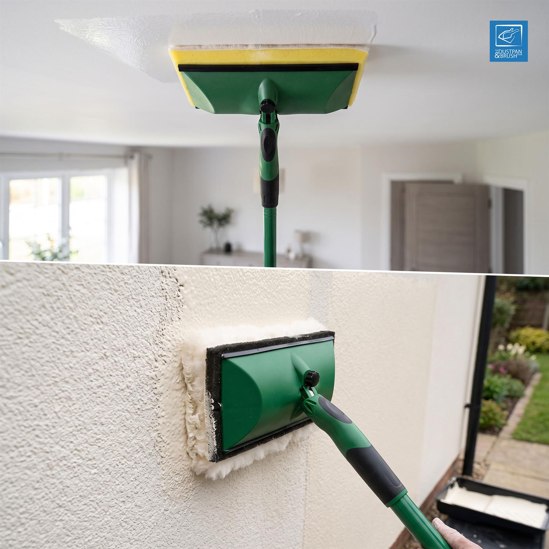 A split-screen demonstration of a green and black extendable wall and ceiling scrubber. The top half shows the scrubber with a yellow sponge pad cleaning a white ceiling in a room.