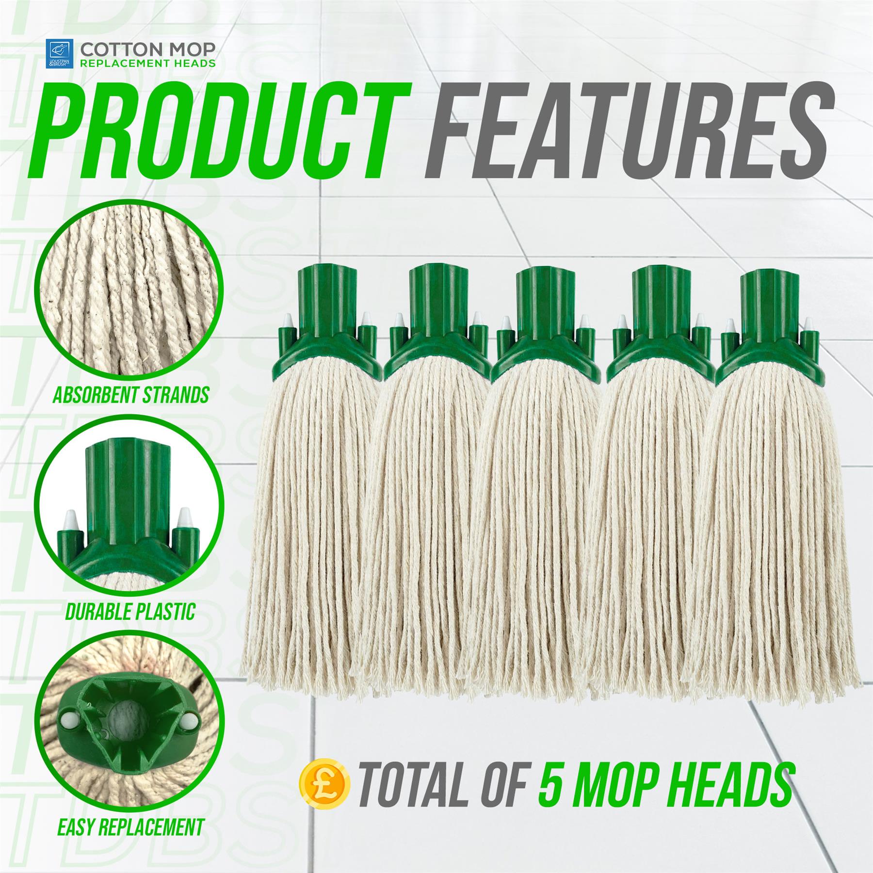Green Cotton Mop Heads 12PY Pack of 5 features - absorbent strands and durable plastics  