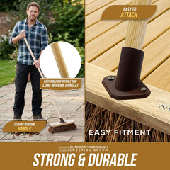 Promotional composite for an outdoor yard brush sweeper. Left side shows a man holding the long wooden handle in a garden and patio setting, with text highlighting a long wooden handle and easy grip.