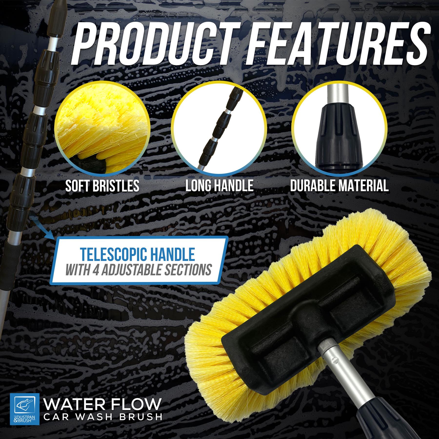 Water Flow Car Wash Brush product features graphic with a telescopic handle car wash brush, soft bristles detail, long handle detail, and durable material detail on a dark wet surface background.