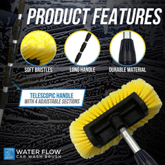 Water Flow Car Wash Brush product features graphic with a telescopic handle car wash brush, soft bristles detail, long handle detail, and durable material detail on a dark wet surface background.
