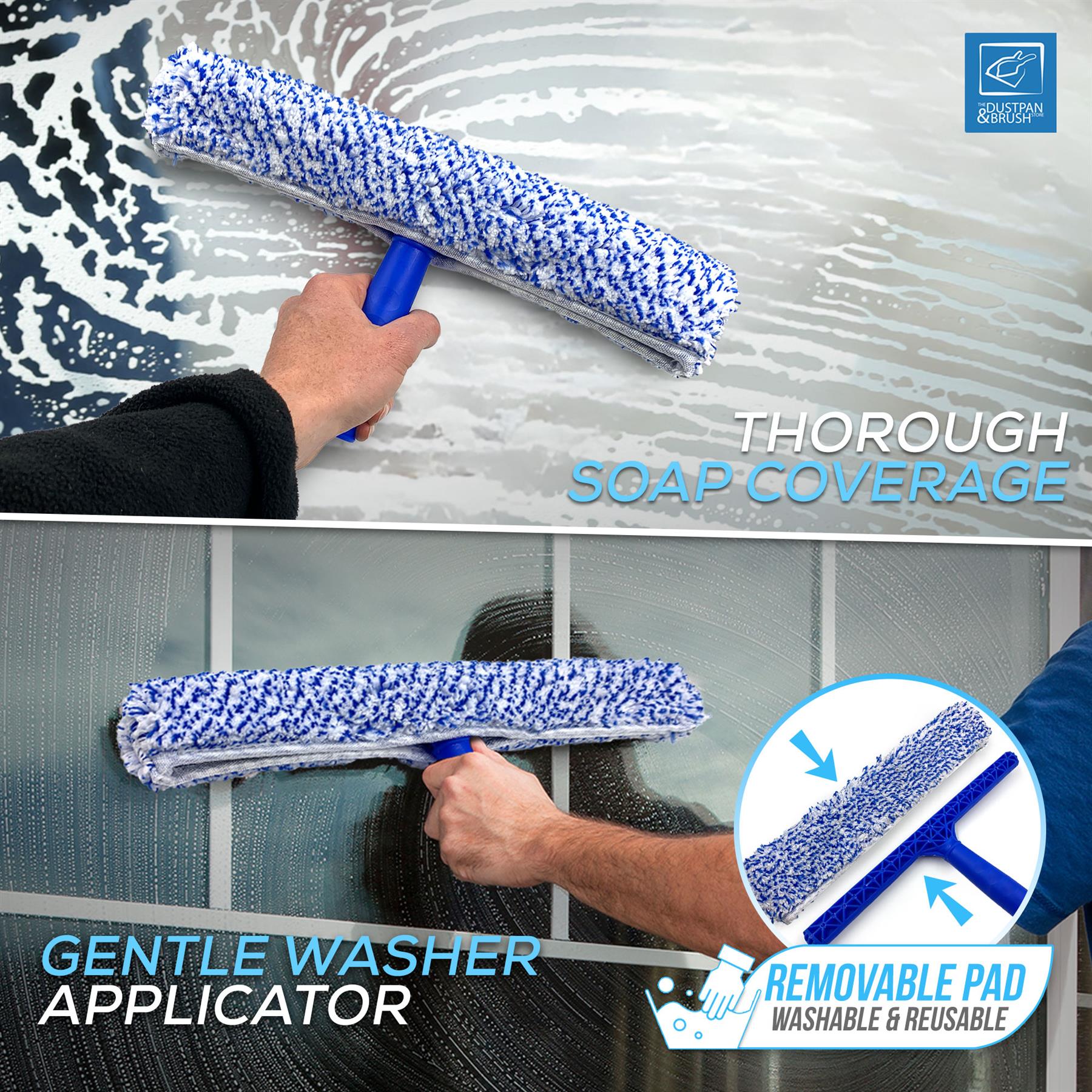 Gentle washer applicator cleaning a surface with text highlighting features.
