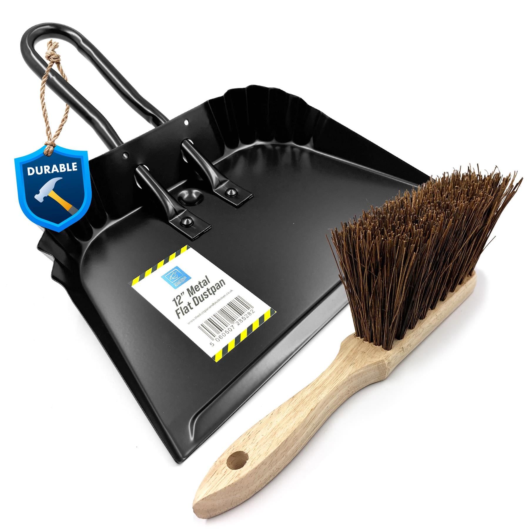 12" Metal Iron Flat Dustpan with Stiff Hand Brush