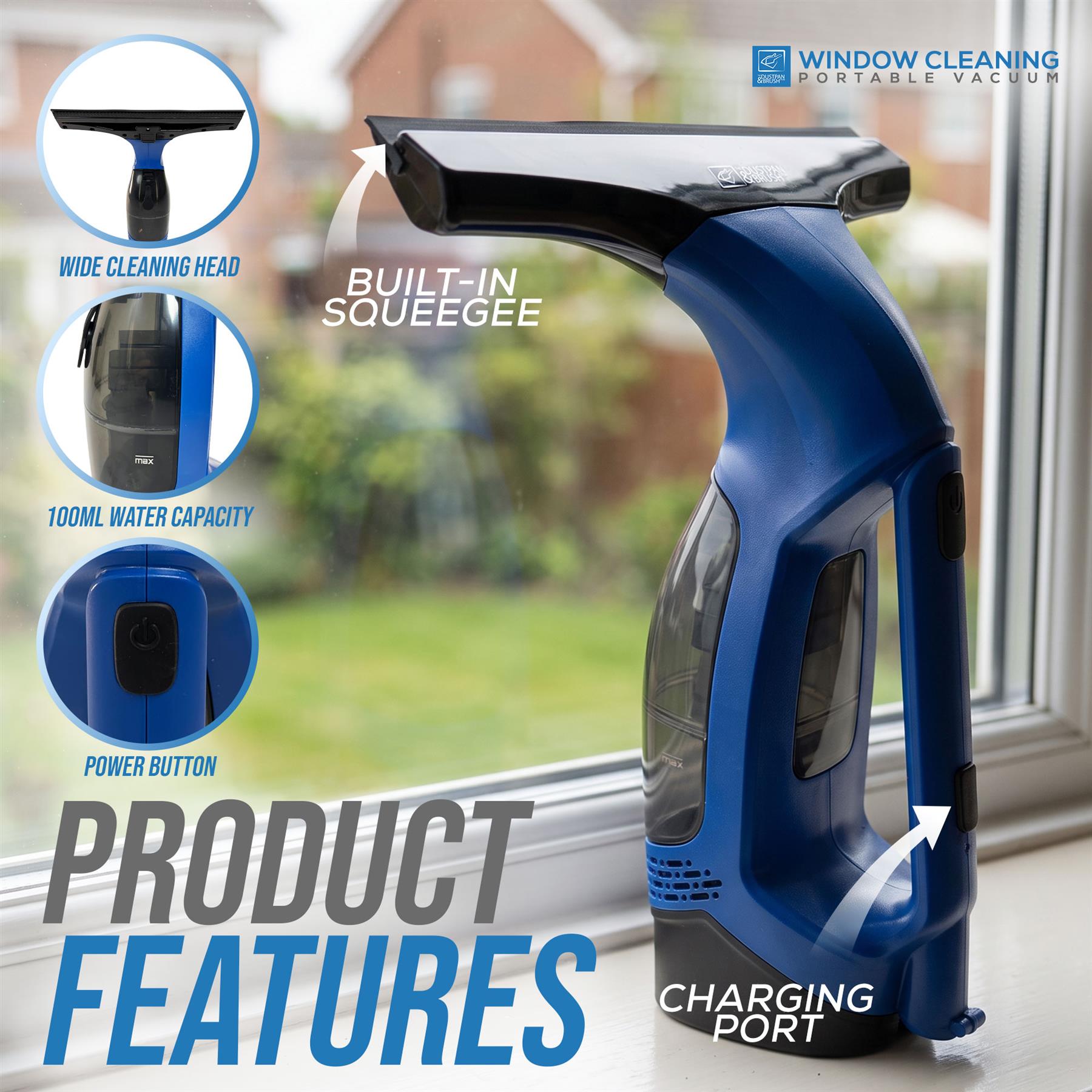 Blue portable window cleaning vacuum shown on a windowsill with feature callouts and text including 'WIDE CLEANING HEAD', 'BUILT-IN SQUEEGEE', '100ML WATER CAPACITY', 'POWER BUTTON', and 'CHARGING PORT'.