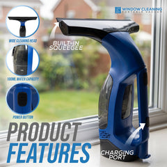 Blue portable window cleaning vacuum shown on a windowsill with feature callouts and text including 'WIDE CLEANING HEAD', 'BUILT-IN SQUEEGEE', '100ML WATER CAPACITY', 'POWER BUTTON', and 'CHARGING PORT'.