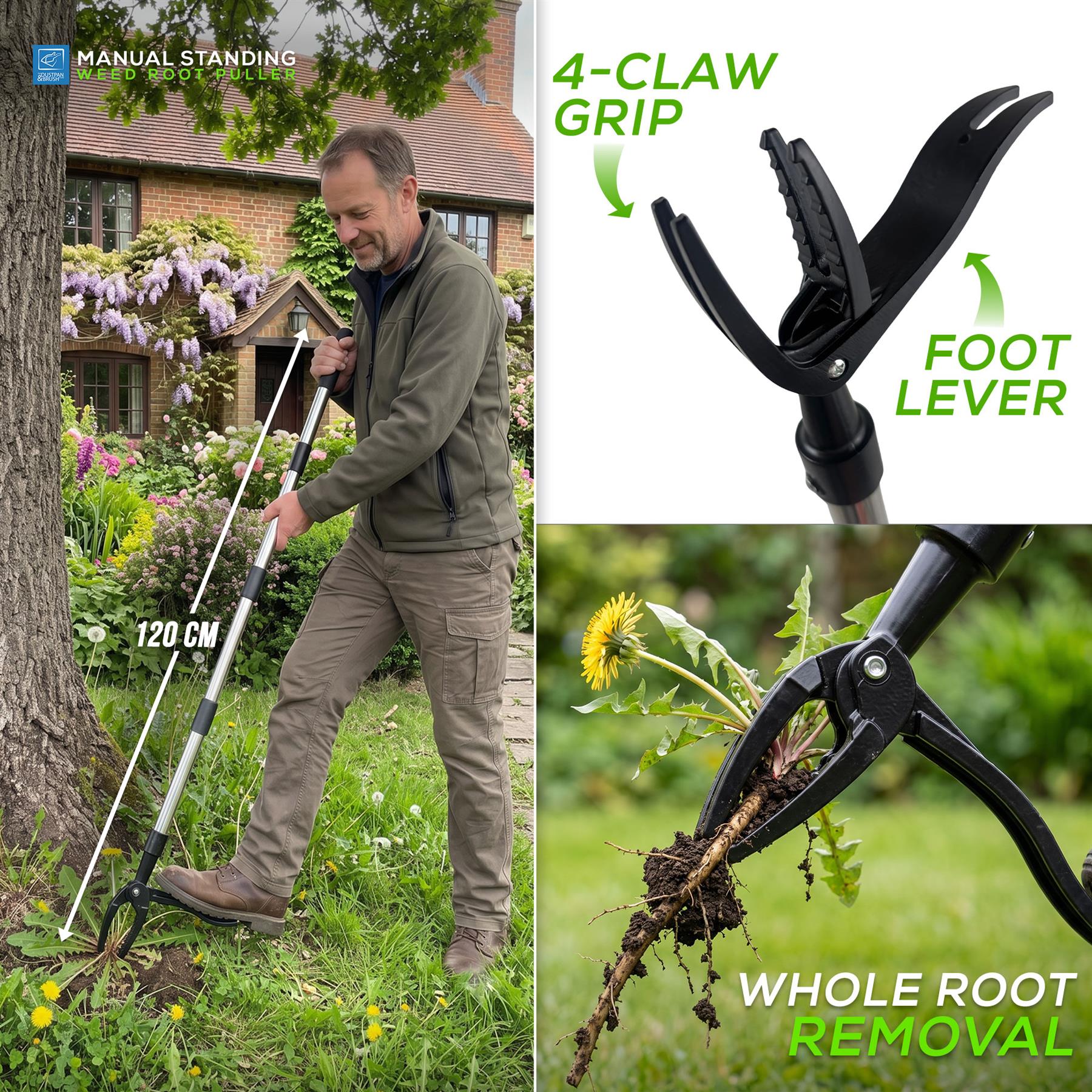 A gardening tool shown in a split collage: a man stands beside a tree using the long-handled hand grabber, with a close-up of the black foot-lever gripper and another close-up showing a dandelion root being pulled out. Text highlights features like 120 cm length, 4-claw grip, foot lever, and whole root removal.