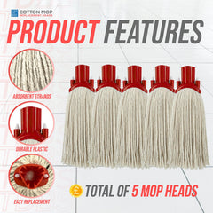 Five cotton mop heads with red plastic bases arranged in a row on a light background, with promotional text and circular detail callouts about absorbent strands, durable plastic, and easy replacement.