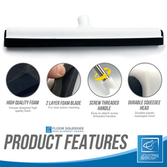 A floor squeegee replacement head shown on a white background with four circular feature callouts and text reading 'Product Features.' The product itself is a white plastic handle with a black rubber squeegee head and dark foam strip.