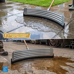 Cleaning tool with a wooden handle not included, used on a wet pavement.