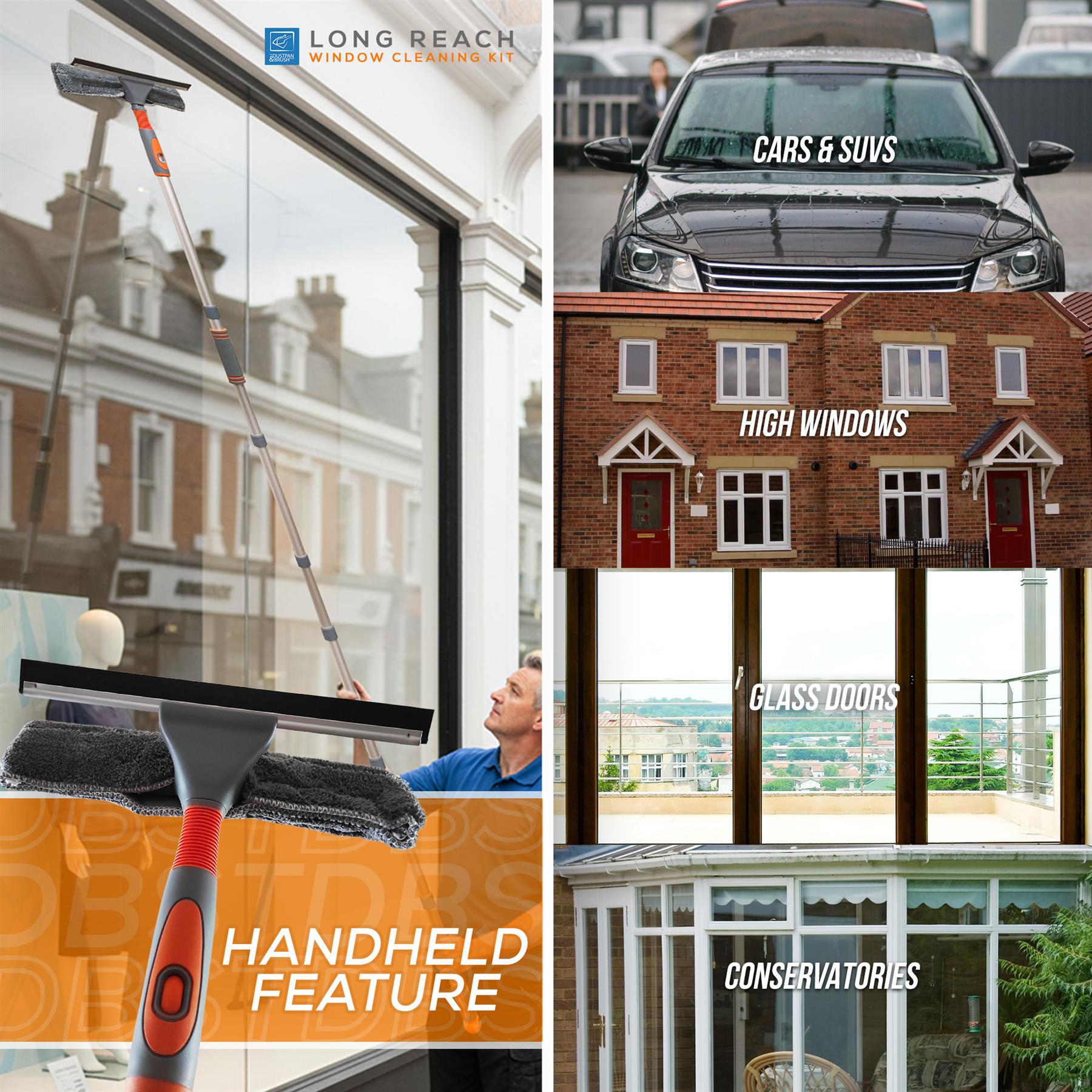 Window cleaning tool with squeegee and brush, used for cleaning windows, cars, and high windows.