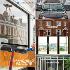 Window cleaning tool with squeegee and brush, used for cleaning windows, cars, and high windows.