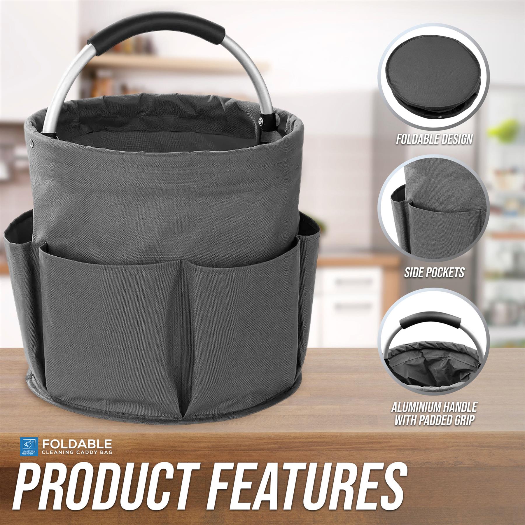 Gray foldable cleaning caddy bag with a black and silver handle, shown on a wooden surface with feature callouts and circular inset details on a blurred kitchen background.
