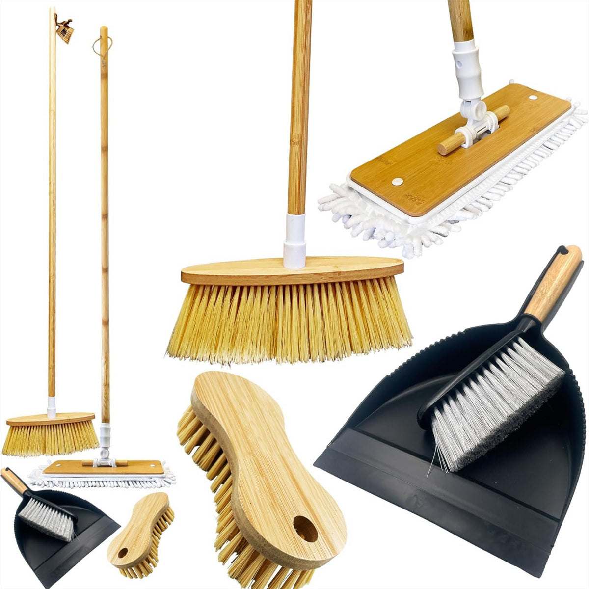 Bamboo Home Set - Broom, Mop, Scrubbing Brush & Dustpan