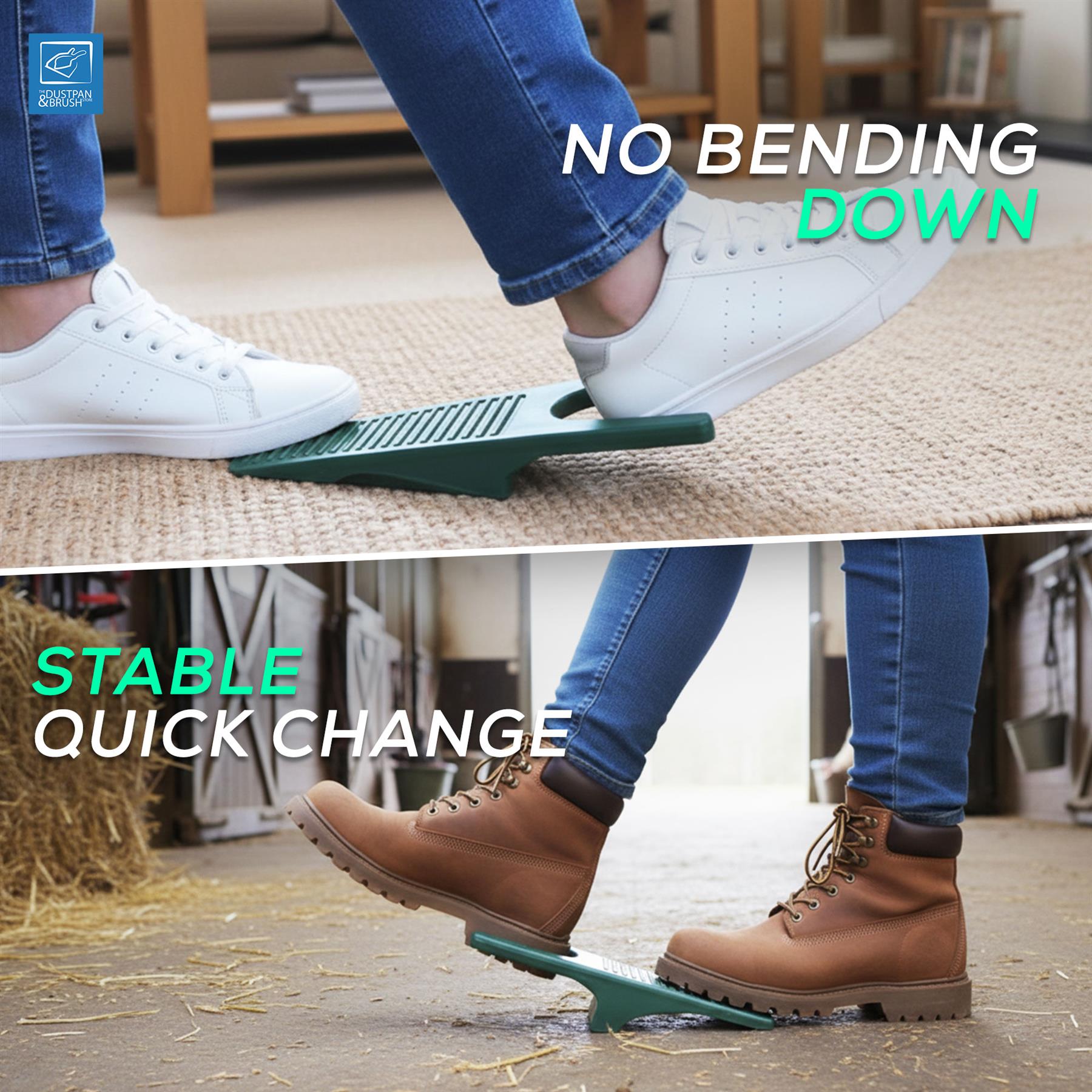 Boot Jack being used by people in different shoes on a two floorings.