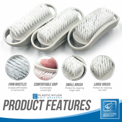 Four plastic nylon nail brushes with white bristles and light grey handles, shown on a white background with four circular feature callouts and the text 'PRODUCT FEATURES' and 'PLASTIC NYLON NAIL BRUSHES'.