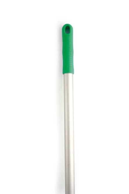 A long metal pole with a bright green textured grip handle, shown vertically against a plain white background.
