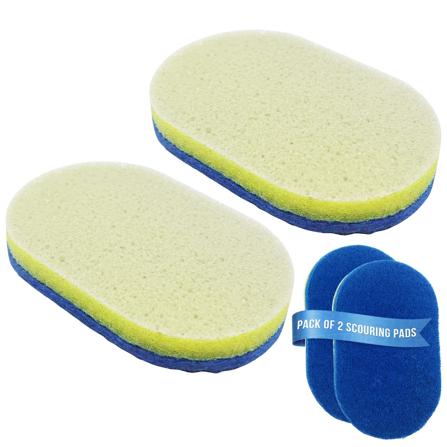 Two oval scouring pads shown on a white background, with one larger pad and one smaller pad, plus a small blue pouch labeled 'PACK OF 2 SCOURING PADS'.