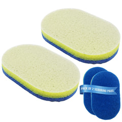 Two oval scouring pads shown on a white background, with one larger pad and one smaller pad, plus a small blue pouch labeled 'PACK OF 2 SCOURING PADS'.