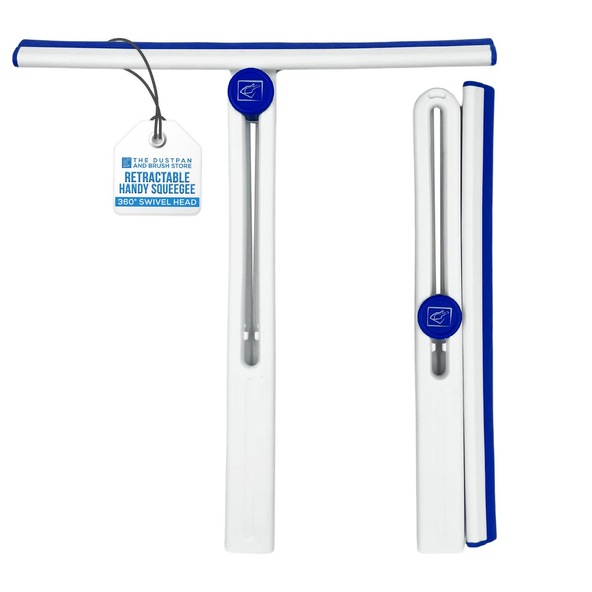 A retractable handy squeegee shown in three views: fully extended, folded flat, and inside its storage sleeve. The product is white with a blue accent trim and a silver metal handle.
