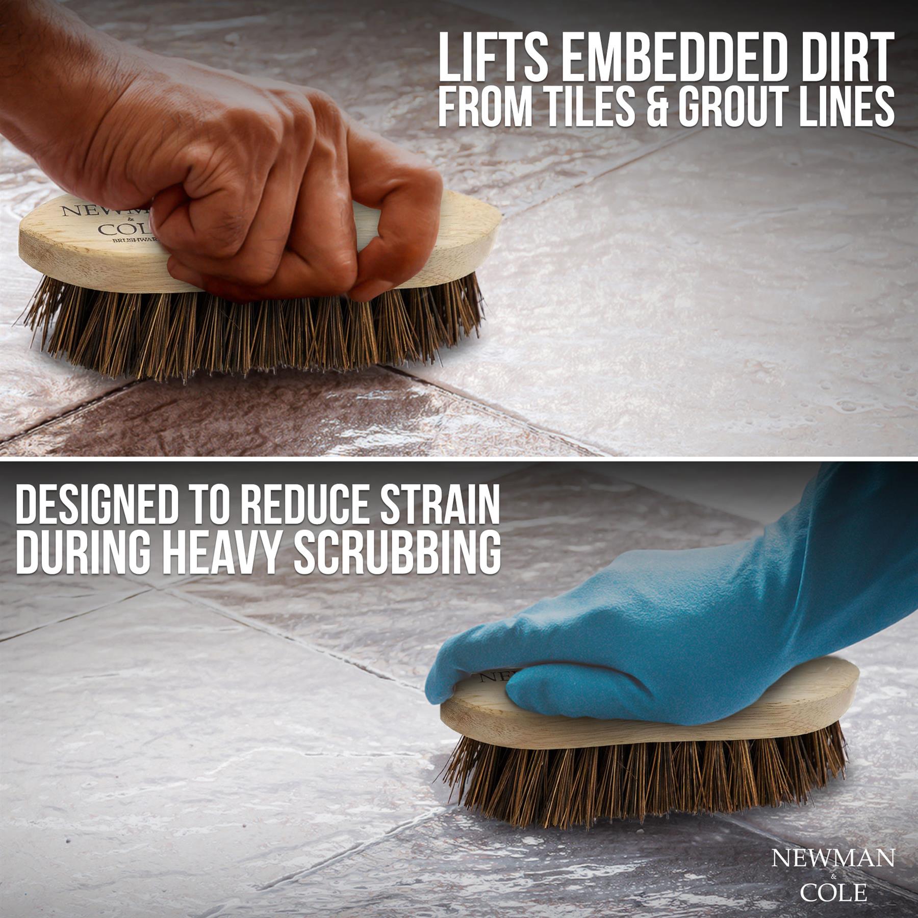 Cleaning brush being used on tiled floor with text highlighting its features.